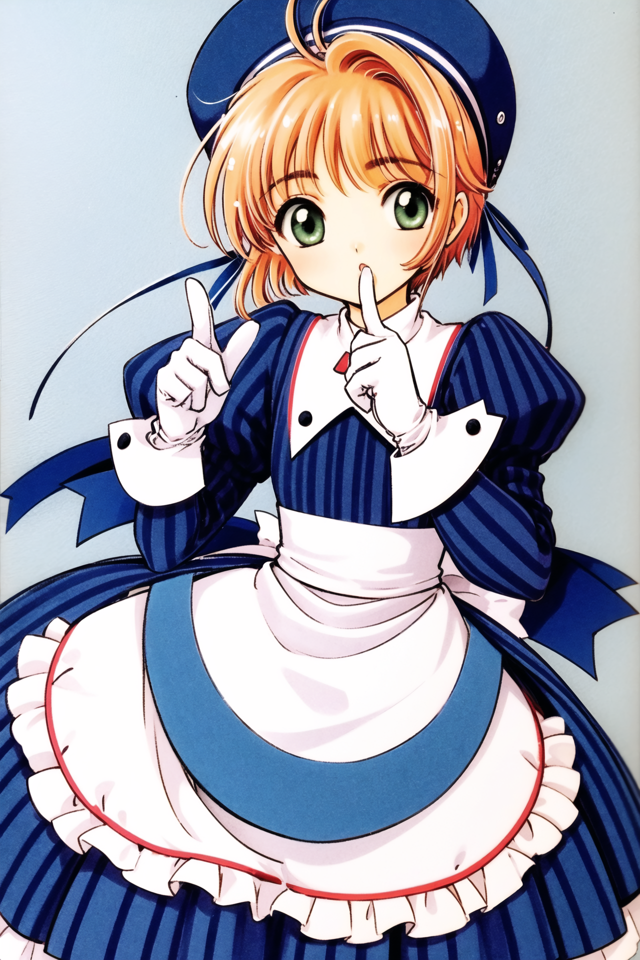 17441-3439107461-1girl, solo, kinomoto sakura, green eyes, hat, gloves, dress, white background, striped, white gloves, short hair, simple backgr.png